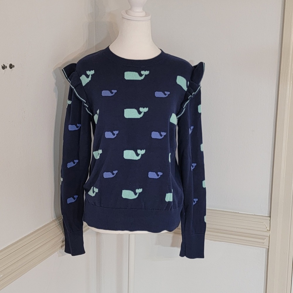 Vineyard Vines Sweater Whale Print Ruffle Shoulder Navy Preppy Women's Medium - Picture 2 of 9